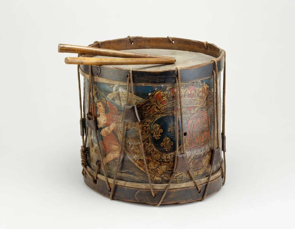French Military Side Drum and Drumsticks, from Beautiful Armour and the Wars It Served