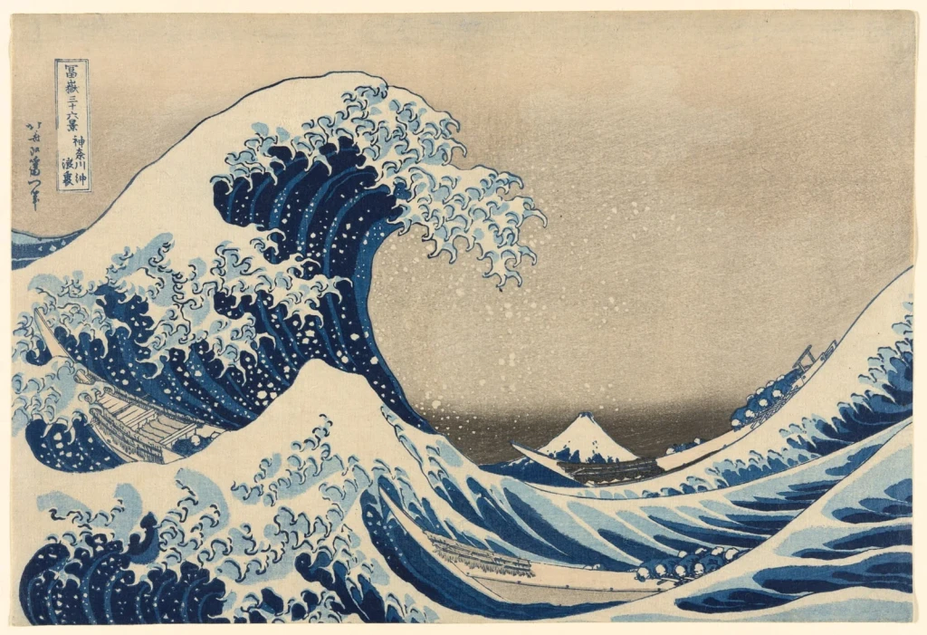 Under the Wave off Kanagawa (Kanagawa oki nami ura), also known as The Great Wave, from the series "Thirty-Six Views of Mount Fuji (Fugaku sanjūrokkei)", from Japanese Woodblock Prints