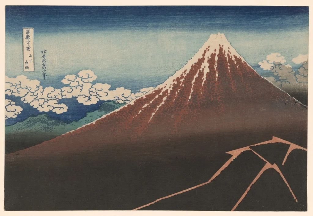 Shower Below the Summit (Sanka hakuu), from the series "Thirty-Six Views of Mount Fuji (Fugaku sanjurokkei)", from Japanese Woodblock Prints