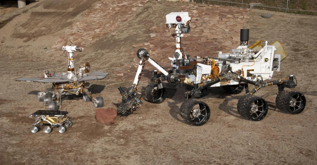 Three Generations of Rovers in Mars Yard, from Follow the Water on Mars