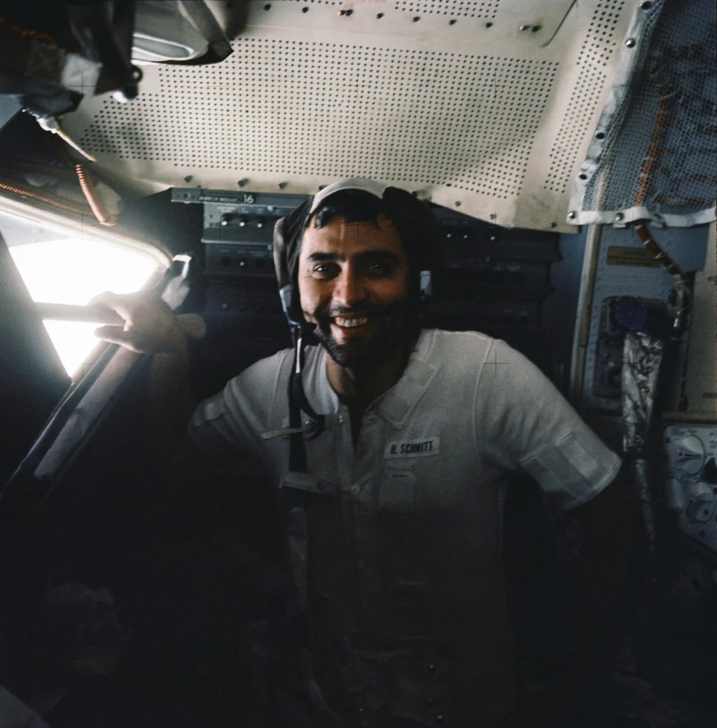 Astronaut Harrison Schmitt inside the lunar module on lunar surface after EVA, from The Moon: Getting There and Back