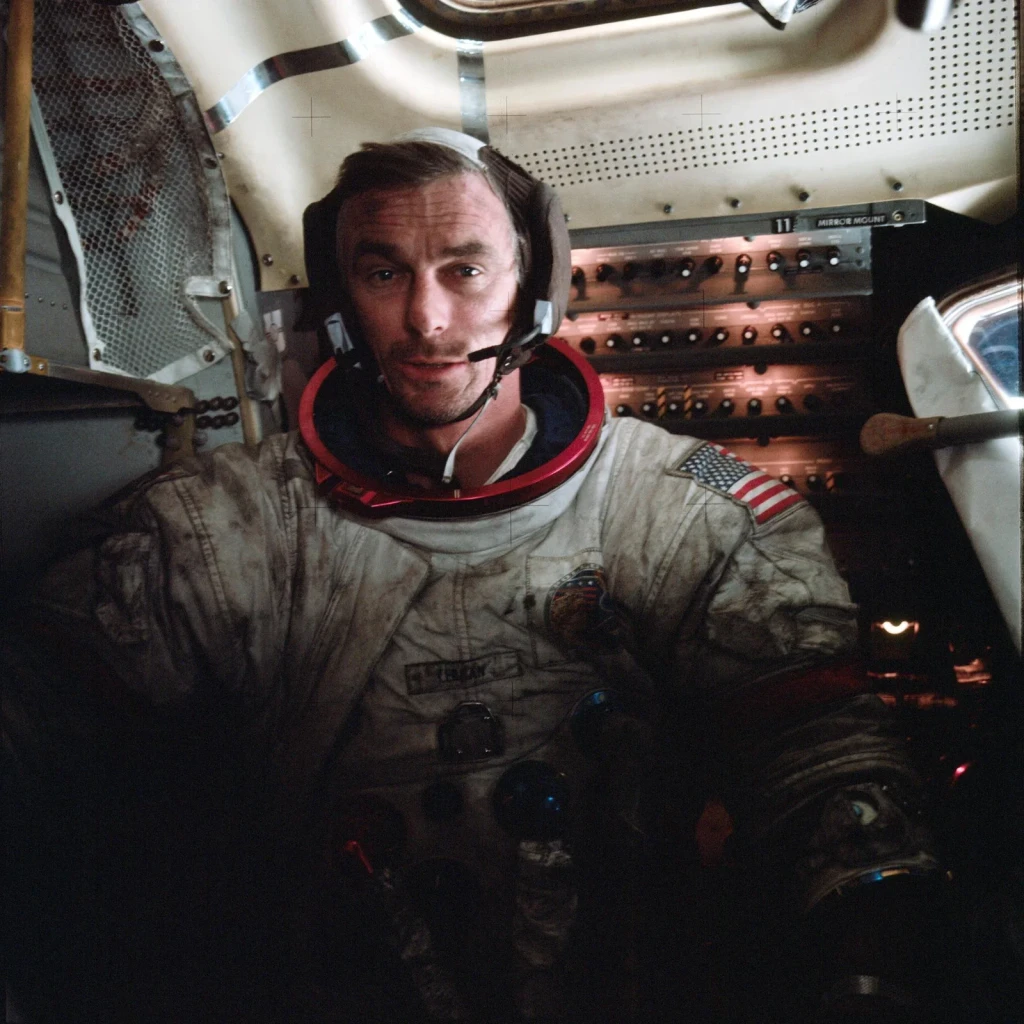 Astronaut Eugene Cernan inside the lunar module on lunar surface after EVA, from The Moon