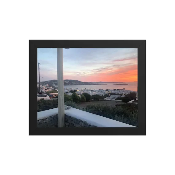 Mykonos Pink Sunset Print — Framed Print, Greek Island Town Wall Art, Romantic Christmas Gift for Her, from Ventures & Voyages