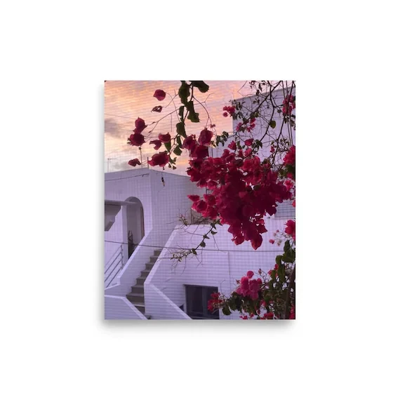 Paros Bougainvillea at Sunset Photo Print | Pink Sky Floral Wall Art | Greek Island Photography, from Ventures & Voyages
