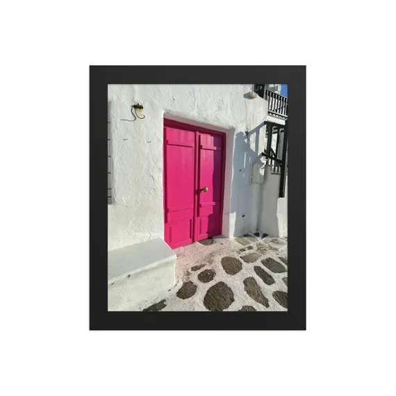 Paros Hot Pink Door Framed Photo Print | Cycladic Doorway Wall Art | Greek Island Pebble Lane Photography, from Ventures & Voyages