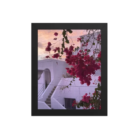 Paros Bougainvillea at Sunset Framed Photo Print | Pink Sky Floral Wall Art | Greek Island Photography, from Ventures & Voyages