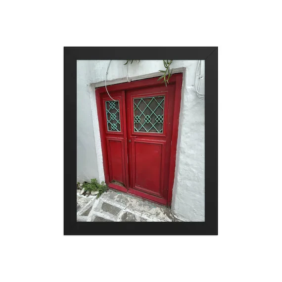 Paros Red Door — Framed Print | Teal Lattice Greek Island Wall Art | Cycladic Door Photography, from Ventures & Voyages