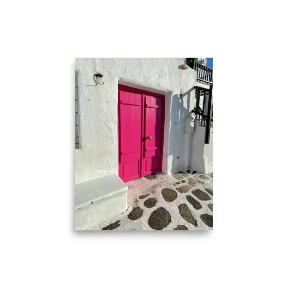 Paros Hot Pink Door Photo Print | Cycladic Doorway Wall Art | Greek Island Pebble Lane Photography, from Ventures & Voyages