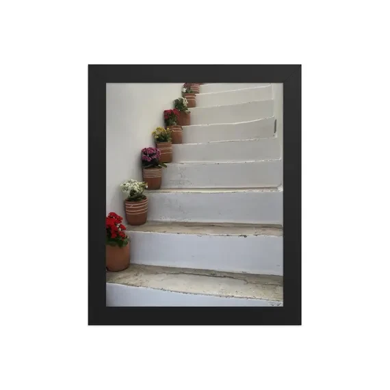 Paros Flower Stairs — Framed Print | Terracotta Pots Greek Island Wall Art | Cycladic Alley Photography, from Ventures & Voyages