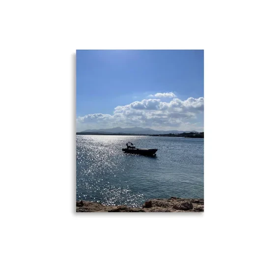 Paros Lone Boat Photo Print | Sparkling Aegean Sea Wall Art | Greek Island Boat Photography, from Ventures & Voyages