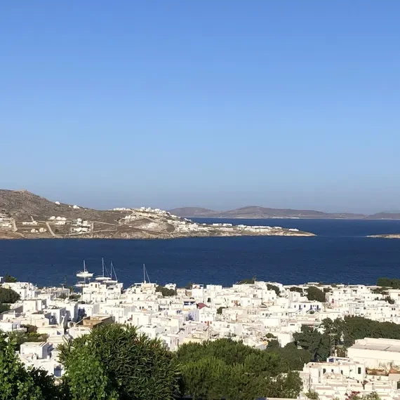 Mykonos White Town and Bay Print, Greek Island Wall Art, Cycladic Village Photo, Greece Travel Gift, Blue and White Coastal Decor, from Ventures & Voyages