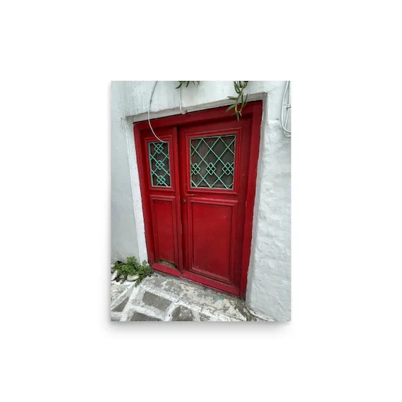Paros Red Door Photo Print | Teal Lattice Greek Island Wall Art | Cycladic Door Photography Poster, from Ventures & Voyages