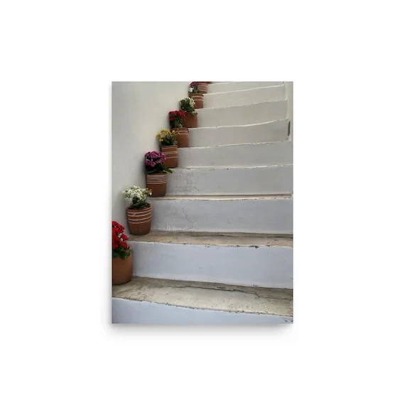 Paros Flower Stairs Print | Terracotta Pots Greek Island Wall Art | Cycladic Alley Photography, from Ventures & Voyages