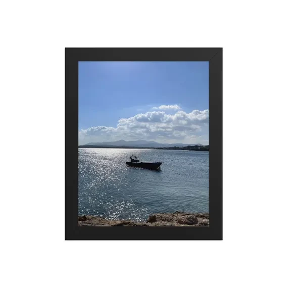 Paros Lone Boat Framed Photo Print | Sparkling Aegean Sea Wall Art | Greek Island Boat Photography, from Ventures & Voyages