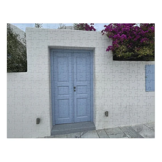 Bougainvillea Lane Blue Door Photo Puzzle, Greek Island Jigsaw, Travel Gift, Ventures and Voyages, from Ventures & Voyages