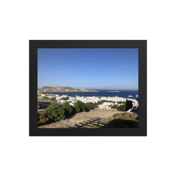 Mykonos White Town and Bay Print — Framed Print, Greek Island Wall Art, Cycladic Village Photo, from Ventures & Voyages