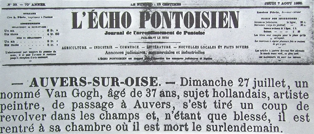 Article on Van Gogh's death from L'Écho Pontoisien, 7 August 1890, from Vincent van Gogh